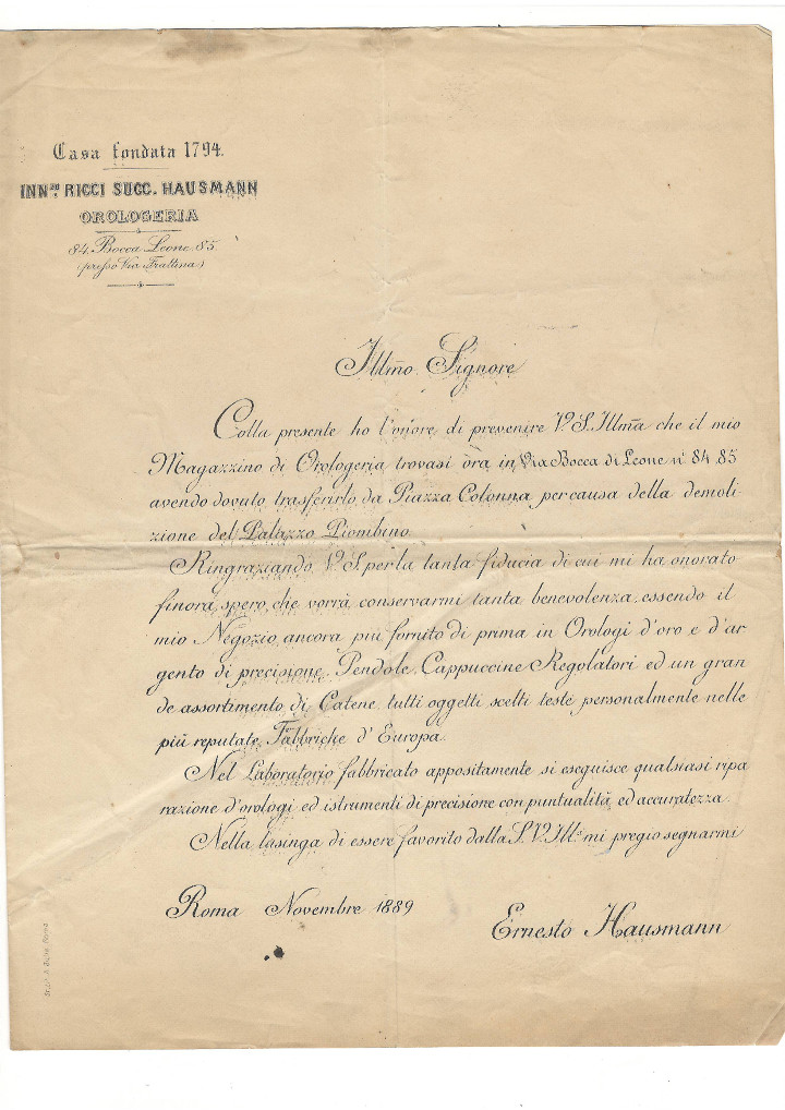Lettera alla clientela di comunicazione del trasferimento del negozio nei nuovi locali di via del Corso