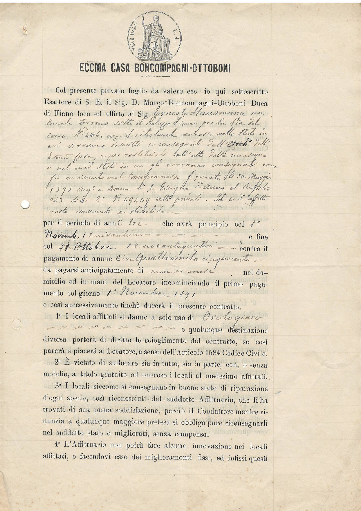 Contratto di affitto per i locali di Hausmann & Co. a Palazzo Fiano del 1891, firmato dal Duca di Fiano
