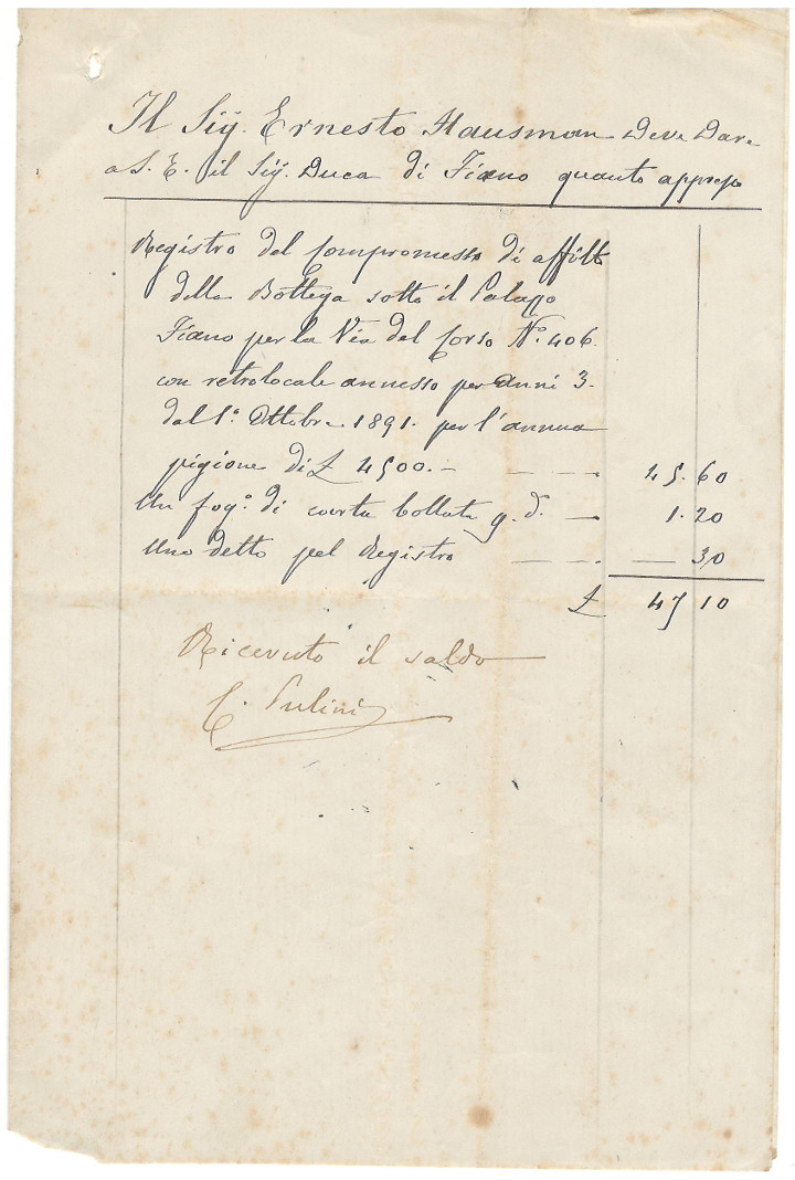 Ricevuta di pagamento del canone di affitto - 1891