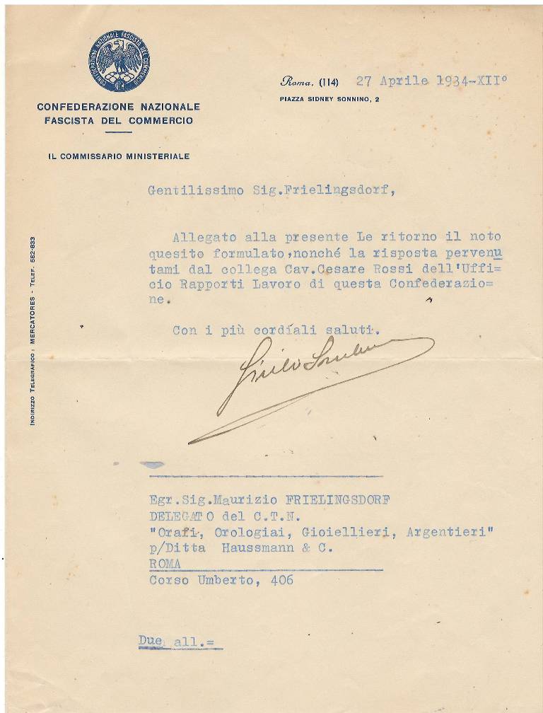 Comunicazione da parte della Confederazione Nazionale Fascista del Commercio