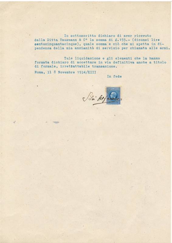 Lettera di accettazione della liquidazione per chiamata alle armi, da parte dell'impiegato Silvi Alfredo.
