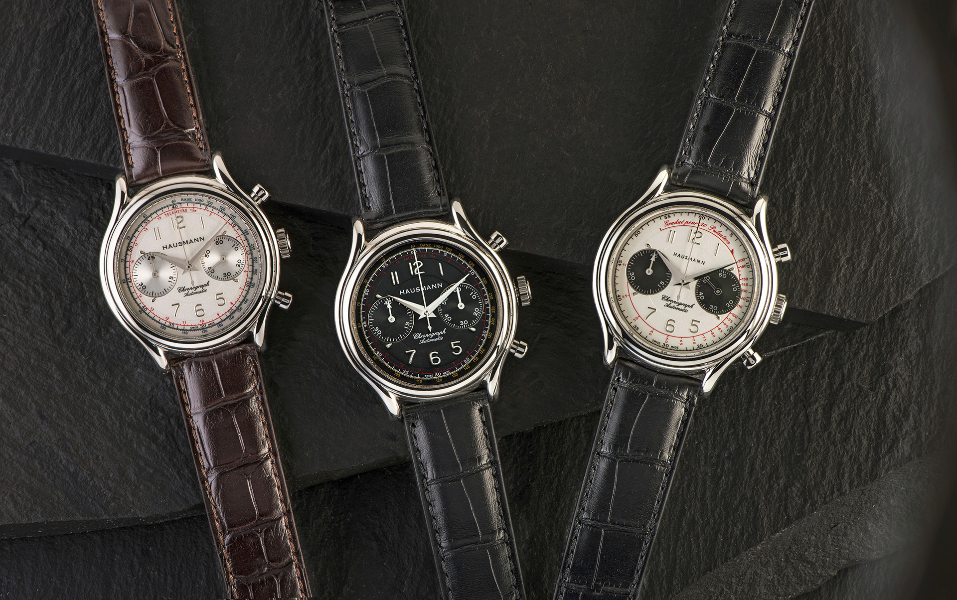 I nuovi cronografi meccanici Hausmann & Co., nelle tre varianti di quadrante. 
