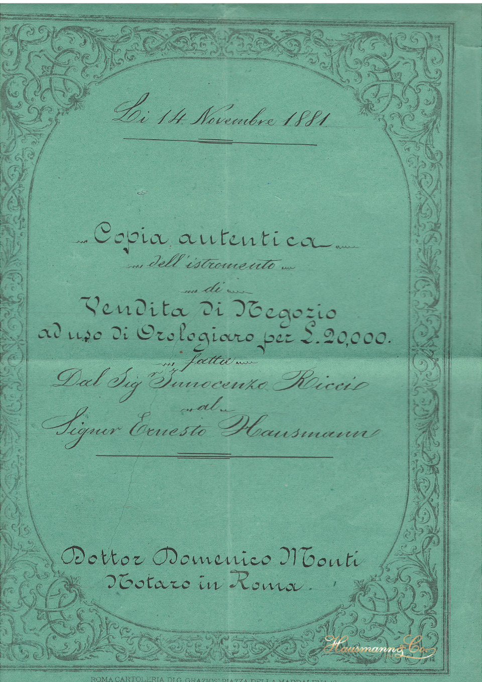 Archivio documenti storici atto notarile d'epoca copertina Hausmann & Co. 