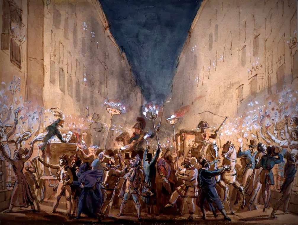 Una rappresentazione della festa dei Moccoletti, il Martedì Grasso del Carnevale Romano, in via del Corso. Jean Louis Baptiste Thomas, acquerello e tempera, 1817.