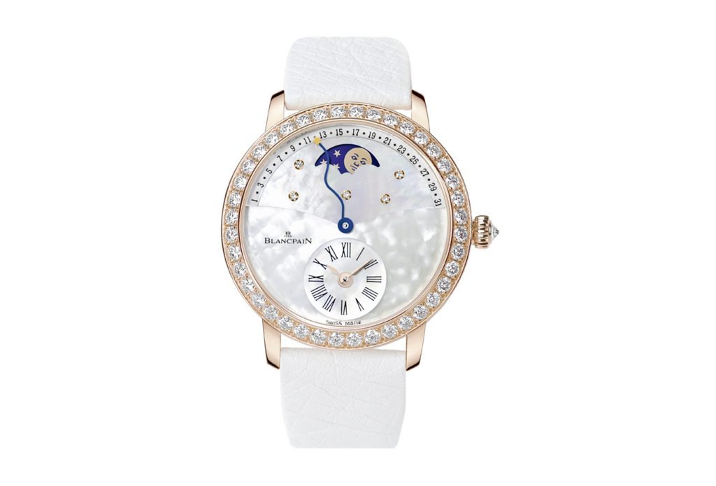 Dettaglio quadrante orologio Blancpain bianco con diamanti