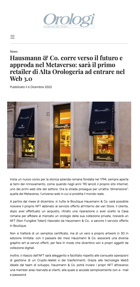 Hausmann &#038; Co. è il primo retailer di alta orologeria ad entrare nel Web 3.0