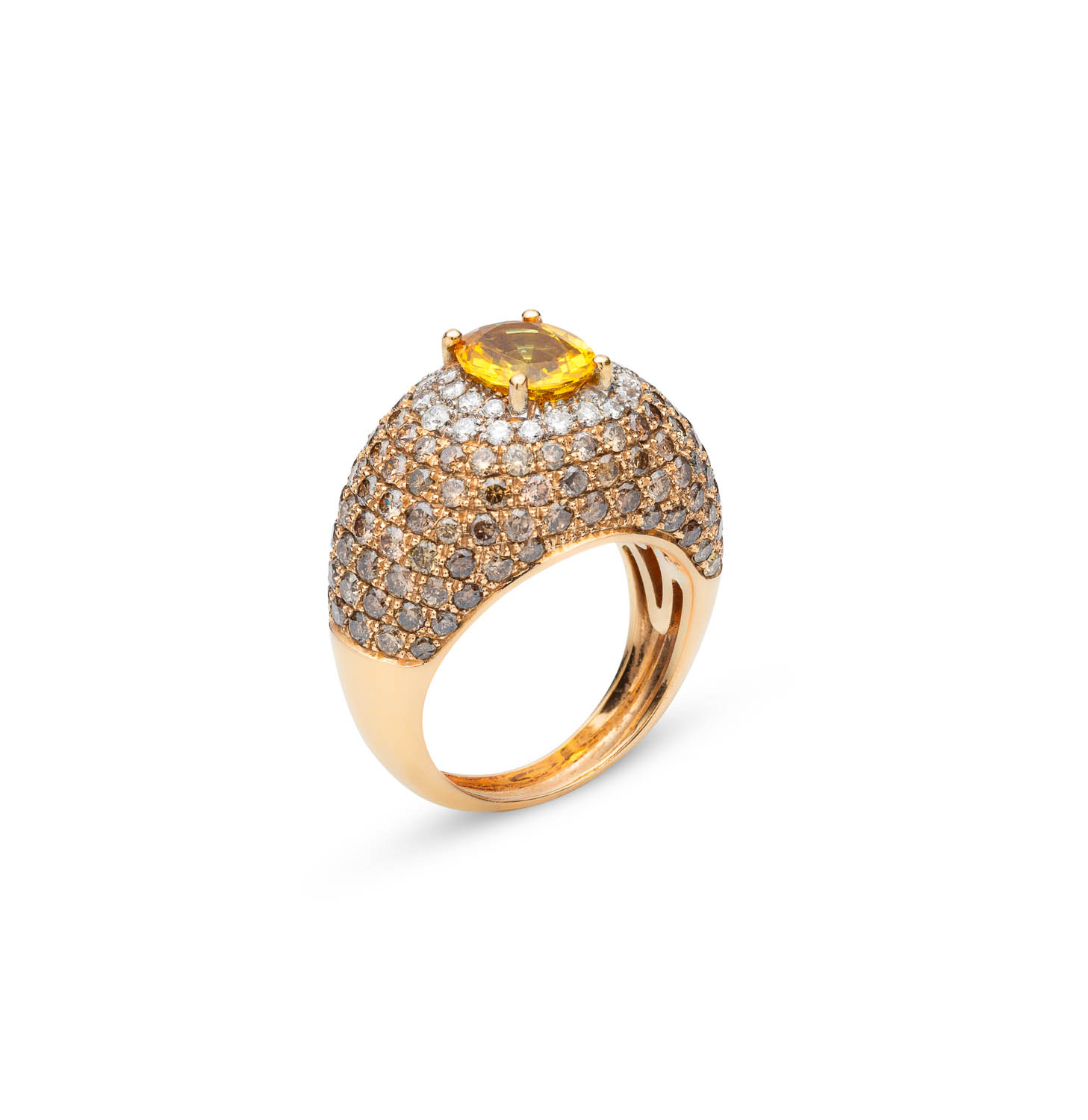 Boule sapphire gold ring ct 2.5 with brown diamonds ct 4.25 and white diamonds ct 0.5
