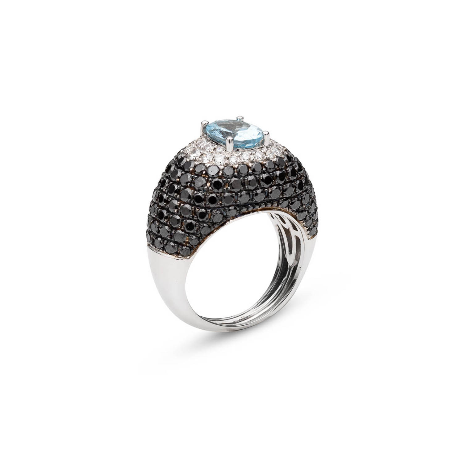 Seawater sapphire boule ring in white gold ct 1.60 with black diamonds ct 4.25 and white diamonds 0.50