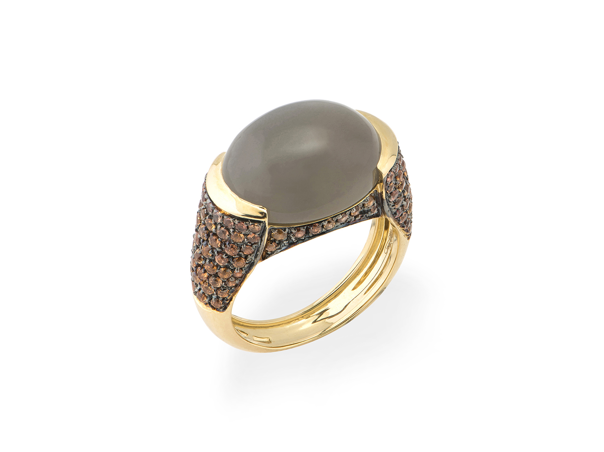 Anello con pietra di luna e zaffiri arancio