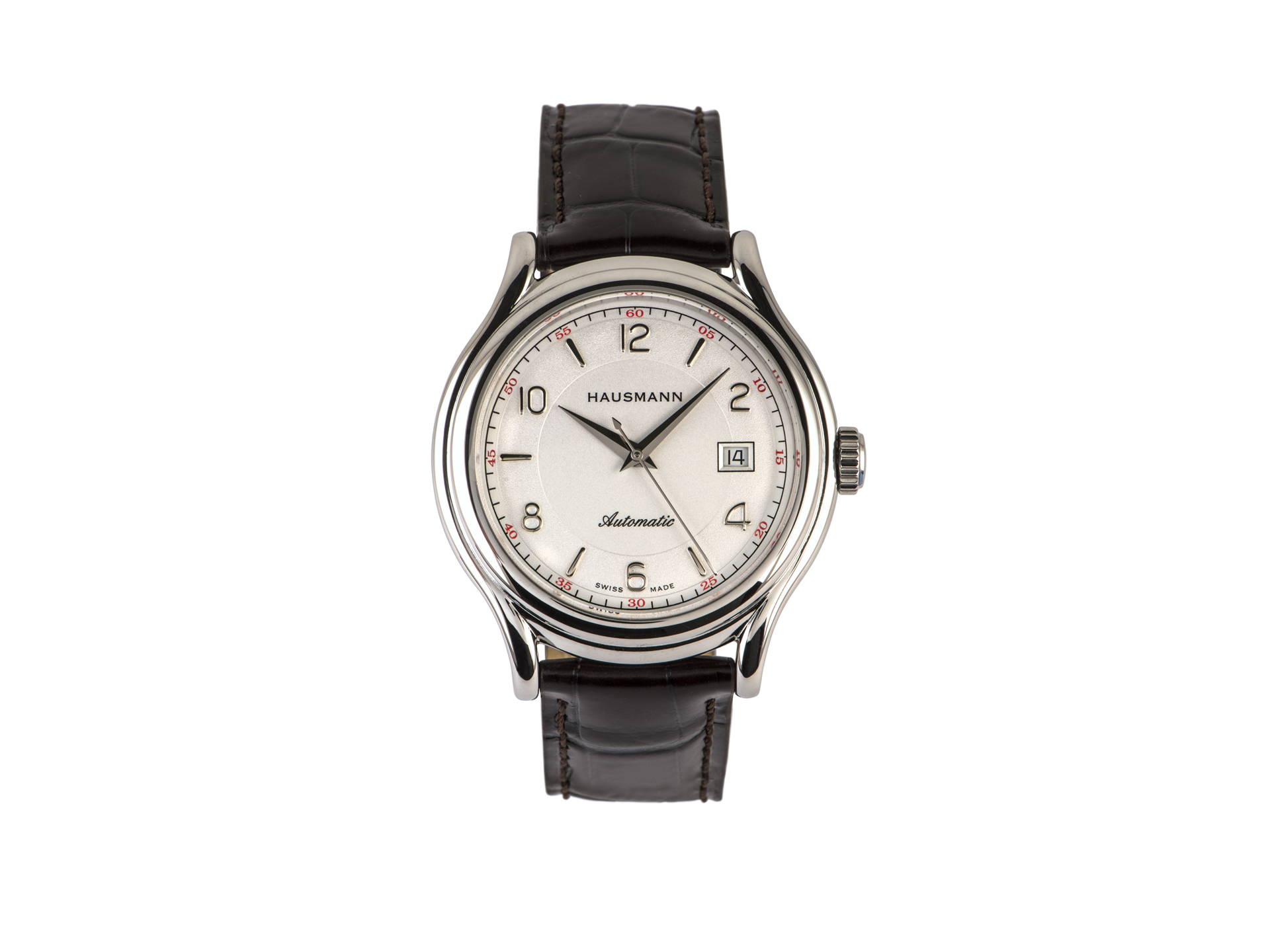 Stainless steel automatic watch with white dial and red minutery